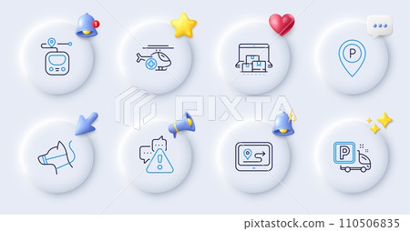 Parking, Gps and Metro line icons. Buttons with 3d bell, chat speech, cursor. Pack of Dog leash, Online storage, Truck parking icon. Warning, Medical helicopter pictogram. Vector Parking, Gps and Metro line icons. Buttons with 3d bell, chat speech, cursor. Pack of Dog leash, Online storage, Truck parking icon. Warning, Medical helicopter pictogram. Vector 110506835