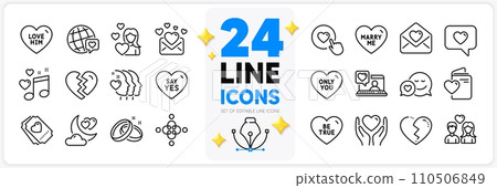 Icons set of Dating, Say yes and Friends couple line icons pack for app with World brand, Love, Friends chat thin outline icon. Hold heart, Like button, Love him pictogram. Wedding rings. Vector 110506849