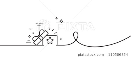 Loyalty gift box line icon. Continuous one line with curl. Bonus points. Discount program symbol. Loyalty gift single outline ribbon. Loop curve pattern. Vector Loyalty gift box line icon. Continuous one line with curl. Bonus points. Discount program symbol. Loyalty gift single outline ribbon. Loop curve pattern. Vector 110506854