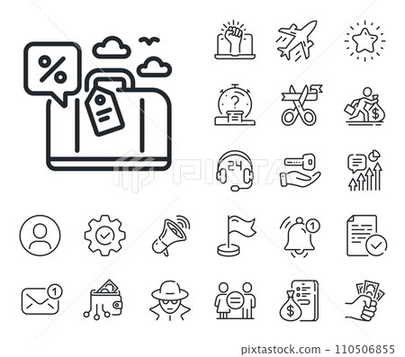 Trip discount sign. Salaryman, gender equality and alert bell outline icons. Travel loan percent line icon. Credit percentage symbol. Travel loan line sign. Spy or profile placeholder icon. Vector 110506855