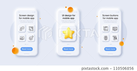 Security, Triangle area and Box size line icons pack. 3d phone mockups with star. Glass smartphone screen. Seo adblock, Divider document, Approved web icon. Vector 110506856