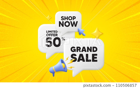 Grand sale tag. 3d offer chat speech bubbles. Special offer price sign. Advertising discounts symbol. Grand sale speech bubble 3d message. Talk box megaphone banner. Vector 110506857