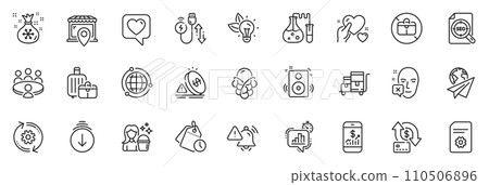 Icons pack as Speakers, Inventory cart and Money transfer line icons for app include Hold heart, Globe, Time management outline thin icon web set. Heart, No handbag, Eco energy pictogram. Vector 110506896