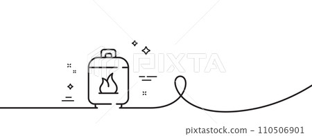 Gas cylinder line icon. Continuous one line with curl. LPG fuel container sign. Liquefied petroleum gas bottle symbol. Gas cylinder single outline ribbon. Loop curve pattern. Vector 110506901