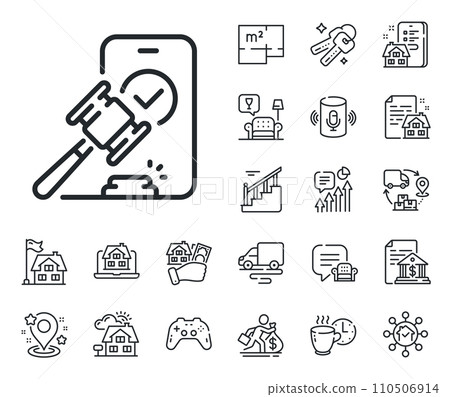 Bid offer sign. Floor plan, stairs and lounge room outline icons. Auction line icon. Act hammer deal symbol. Auction line sign. House mortgage, sell building icon. Real estate. Vector 110506914