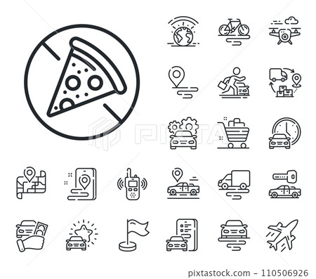 Salami pizza sign. Plane, supply chain and place location outline icons. No food allowed line icon. Forbidden food symbol. Prohibit food line sign. Taxi transport, rent a bike icon. Travel map. Vector 110506926