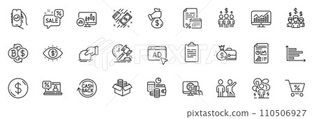 Icons pack as Salary employees, Online loan and Report document line icons for app include Calendar tax, Bribe, Payment outline thin icon web set. Business vision, Bitcoin exchange. Vector 110506927