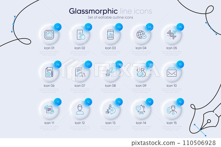 Set of Chemistry dna, Headshot and Document line icons for web app. Brand, Mail, Time zone icons. Delegate work, Time management, Documentation signs. Startup, Cloud computing, Marketing. Vector 110506928