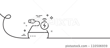 Power bank line icon. Continuous one line with curl. Mobile accessories sign. Charge battery symbol. Power bank single outline ribbon. Loop curve pattern. Vector Power bank line icon. Continuous one line with curl. Mobile accessories sign. Charge battery symbol. Power bank single outline ribbon. Loop curve pattern. Vector 110506939