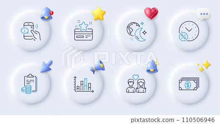Diagram graph, Banking and Sleep line icons. Buttons with 3d bell, chat speech, cursor. Pack of Loan percent, Accounting, Loyalty card icon. Call center, Couple love pictogram. Vector 110506946