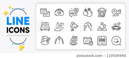 Journey, Honeymoon travel and Yummy smile line icons set for app include Discounts bubble, Christmas ball, Love night outline thin icon. Baggage scales, Champagne glasses. Vector 110506948