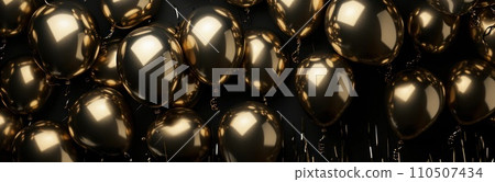 birthday or celebration background, black background with gold shiny balloons birthday or celebration background, black background with gold shiny balloons 110507434