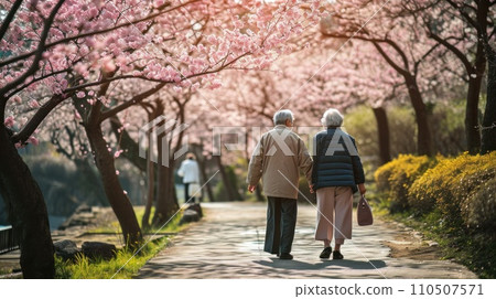 old chinese couple walking in the spring part. sakura trees in bloom 110507571