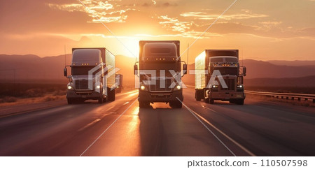 three semi trucks drive down the road during sunset three semi trucks drive down the road during sunset 110507598