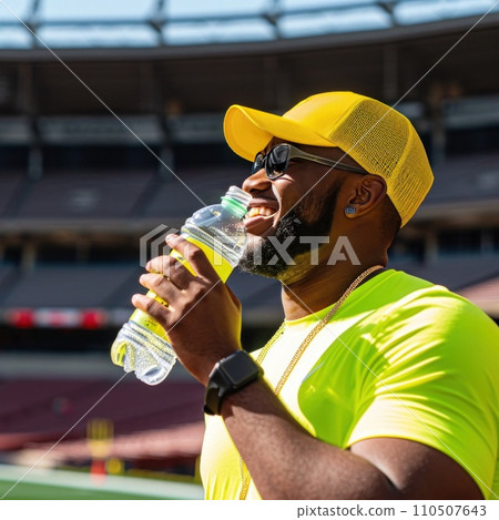 smiling man in a yellow baseball cap drinks water from a bottle in front of a football stadium smiling man in a yellow baseball cap drinks water from a bottle in front of a football stadium 110507643