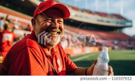 smiling man in a red baseball cap drinks water from a bottle in front of a football stadium smiling man in a red baseball cap drinks water from a bottle in front of a football stadium 110507652