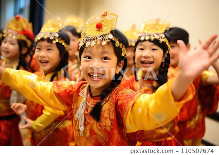 cultural of China as school kids participate in a festive celebration. Traditional attire, vibrant decorations cultural of China as school kids participate in a festive celebration. Traditional attire, vibrant decorations 110507674