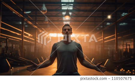 a sportsman engaged in a yoga session amidst the gym's hustle a sportsman engaged in a yoga session amidst the gym's hustle 110507675
