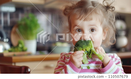 happy child eats broccoli in modern kitchen. portrait happy child eats broccoli in modern kitchen. portrait 110507679