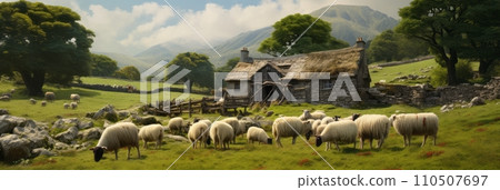 Sheep graze near the sheepfold Sheep graze near the sheepfold 110507697