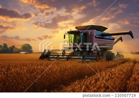 Combine harvester in a soybean field harvesting soybeans at sunset Combine harvester in a soybean field harvesting soybeans at sunset 110507719