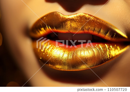 Women's lips close-up with gold lipstick, sexy lips Women's lips close-up with gold lipstick, sexy lips 110507720