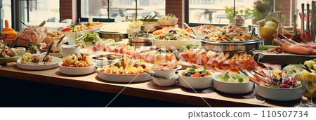Catering buffet in a restaurant, festive catering, a variety of dishes in containers on the table, banner 110507734