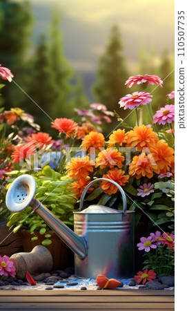 Beautiful colorful variety of spring and summer flowers in pots and a watering can on the patio Beautiful colorful variety of spring and summer flowers in pots and a watering can on the patio 110507735