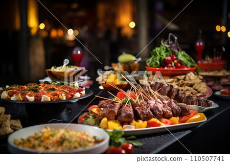 Catering buffet in a restaurant, festive catering, a variety of dishes in containers on the table 110507741