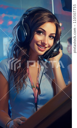Smiling European girl with headphones and microphone in call center Smiling European girl with headphones and microphone in call center 110507755