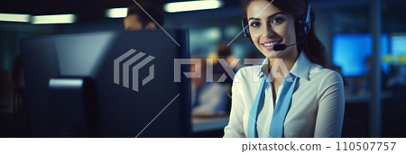 Smiling Latina girl with headphones and microphone in a call center, banner Smiling Latina girl with headphones and microphone in a call center, banner 110507757