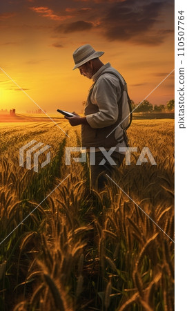A male agronomist farmer with a digital tablet in the hands studies the quality of wheat harvest, modern technologies in agroindustry A male agronomist farmer with a digital tablet in the hands studies the quality of wheat harvest, modern technologies in agroindustry 110507764
