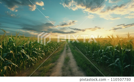 cornfield field with white dirt road at sunset 110507780