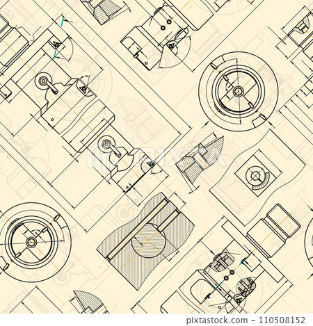 Mechanical engineering drawings on sepia background. Tap tools, borer. Technical Design. Cover. Blueprint. Seamless pattern. Vector illustration. Mechanical engineering drawings on sepia background. Tap tools, borer. Technical Design. Cover. Blueprint. Seamless pattern. Vector illustration. 110508152