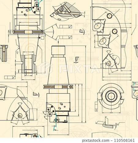 Mechanical engineering drawings on sepia background. Tap tools, borer. Technical Design. Cover. Blueprint. Seamless pattern. Vector illustration. Mechanical engineering drawings on sepia background. Tap tools, borer. Technical Design. Cover. Blueprint. Seamless pattern. Vector illustration. 110508161