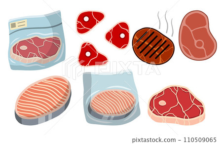 Steak and barbecue, Piece of red salmon fish meat with pink stripe. Food for Cooking sushi. Set of Raw Seafood. Cut off part. Kitchen and meal element. Cartoon illustration Steak and barbecue, Piece of red salmon fish meat with pink stripe. Food for Cooking sushi. Set of Raw Seafood. Cut off part. Kitchen and meal element. Cartoon illustration 110509065