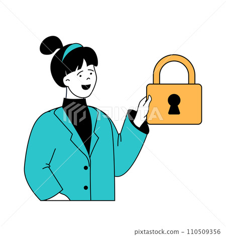 Mental health concept with cartoon people in flat design for web. Woman works as psychologist, finds key to padlock diagnosis metaphor. Vector illustration for social media banner, marketing material. Mental health concept with cartoon people in flat design for web. Woman works as psychologist, finds key to padlock diagnosis metaphor. Vector illustration for social media banner, marketing material. 110509356