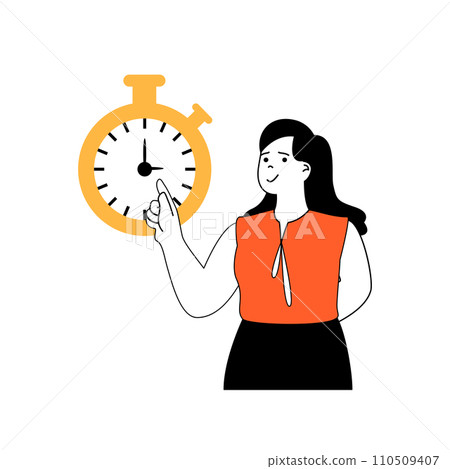 Fitness concept with cartoon people in flat design for web. Woman exercising sportsmans and using stopwatch for speed run training. Vector illustration for social media banner, marketing material. 110509407