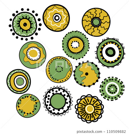 Geometric aboriginal art icon. Ethnic tribal rounded ornament. Afican, australian motiph. Dots painting. Vector illustration, template design for cloth, card, fabric Geometric aboriginal art icon. Ethnic tribal rounded ornament. Afican, australian motiph. Dots painting. Vector illustration, template design for cloth, card, fabric 110509882