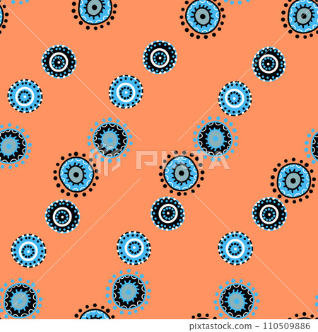 Seamless pattern with geometric aboriginal ornament. Ethnic tribal rounded color background. Afican, australian motiph. Dots painting. Vector illustration, template design for cloth, card, fabric Seamless pattern with geometric aboriginal ornament. Ethnic tribal rounded color background. Afican, australian motiph. Dots painting. Vector illustration, template design for cloth, card, fabric 110509886
