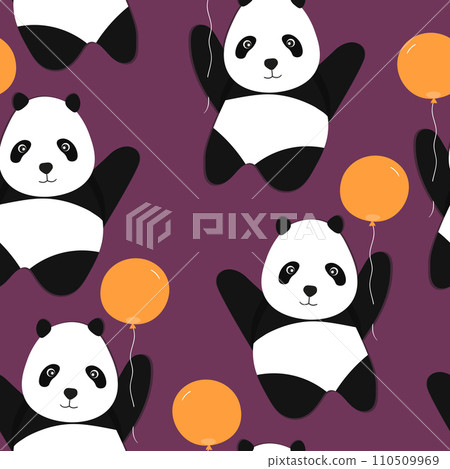 Seamless pattern with cute panda baby on color background. Funny asian animals. Card, postcards for kids. Flat vector illustration for fabric, textile, wallpaper, poster, gift wrapping paper Seamless pattern with cute panda baby on color background. Funny asian animals. Card, postcards for kids. Flat vector illustration for fabric, textile, wallpaper, poster, gift wrapping paper 110509969