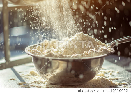 Sifting flour through sieve on wooden table. Generative AI Sifting flour through sieve on wooden table. Generative AI 110510052