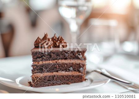 Slice of chocolate cake served on an elegant dinner table. Generative AI Slice of chocolate cake served on an elegant dinner table. Generative AI 110510081