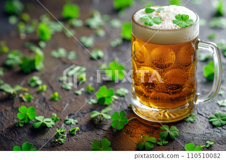 St. Patrick's Day background with a refreshing cold beer and clovers. Generative AI 110510082