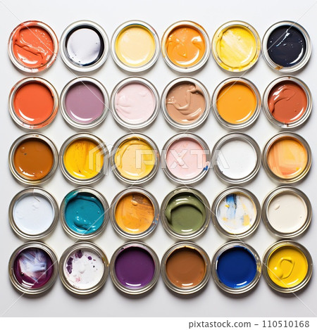 Cans lid of paint isolated on white background.. Top view. A large set of paints. Flat lay. Cans lid of paint isolated on white background.. Top view. A large set of paints. Flat lay. 110510168