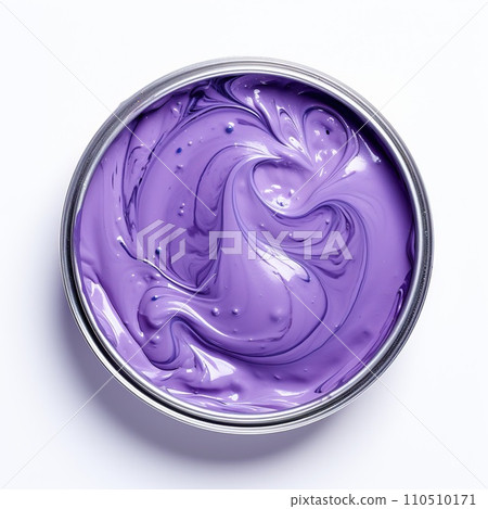 Lilac paint in a round container isolated on white. The texture of paint and pigment after mixing with a mixer. A jar of purple nail polish on a white background, top view. Lilac paint in a round container isolated on white. The texture of paint and pigment after mixing with a mixer. A jar of purple nail polish on a white background, top view. 110510171