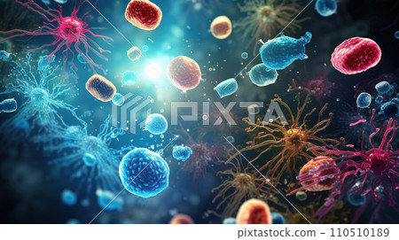Digital illustration of virus in color background. Virus cells in medical background. Microscopic view. Abstract background for a body microbiome bacterium medical concept. 110510189