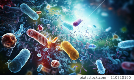 Probiotics and bacteria. 3D illustration of a gram-negative rod-shaped bacteria with a single polar flagellum. Biology and microscopic medicine. Probiotics and bacteria. 3D illustration of a gram-negative rod-shaped bacteria with a single polar flagellum. Biology and microscopic medicine. 110510190