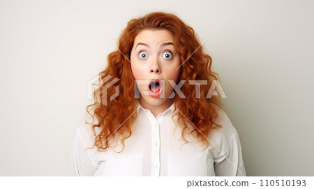 Shocked redhead woman in white shirt looking at camera over white background. 110510193
