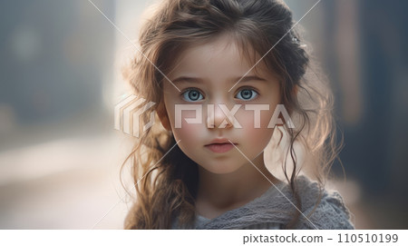 Portrait of a beautiful little girl with blue eyes and curly hair. Portrait of a cute little girl with long hair in the room. 110510199